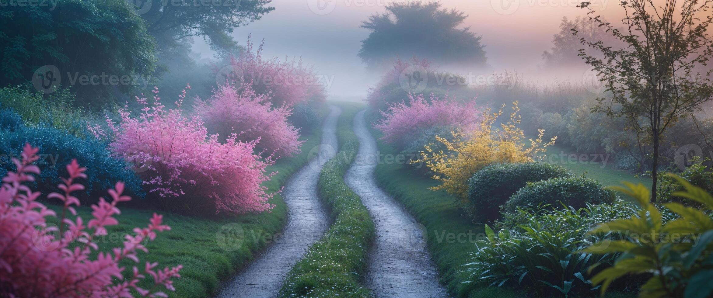 Colorful garden path through mist at sunrise. photo