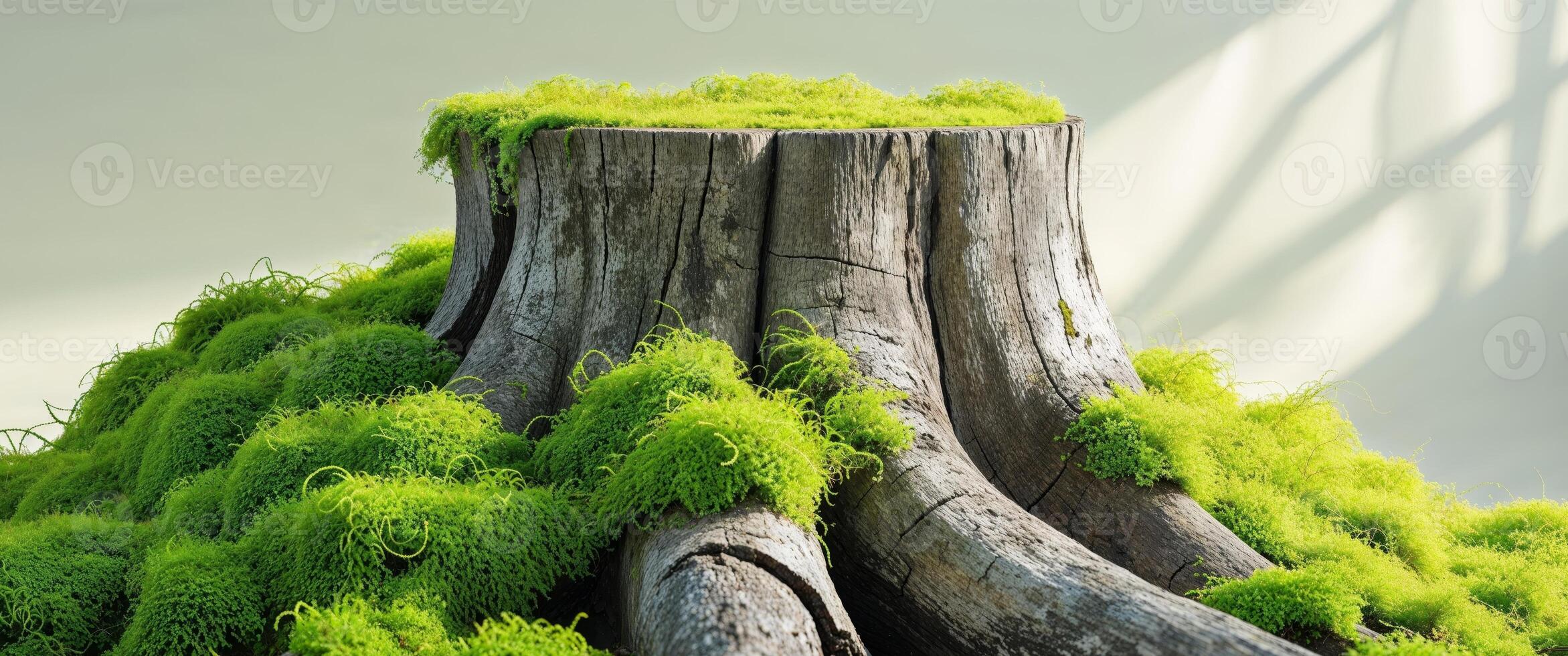 Lush green moss growing on weathered tree stump photo