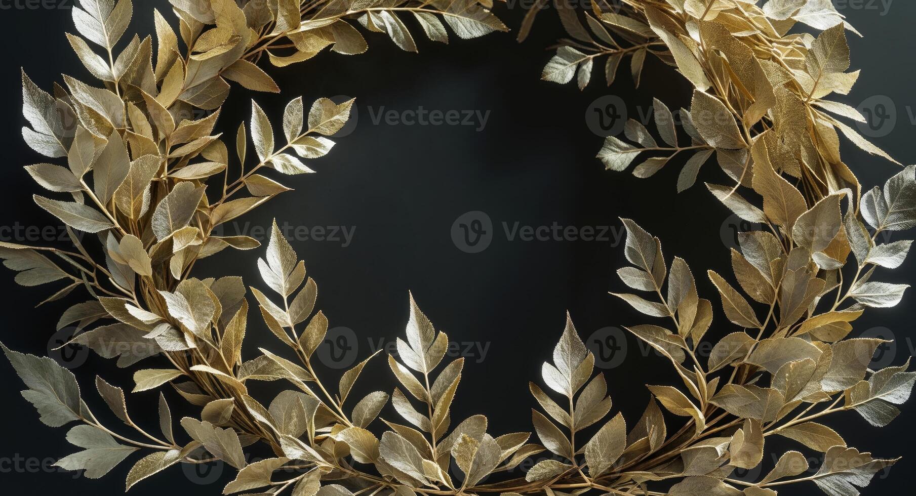 Golden laurel wreath on black background with intricate leaf design photo