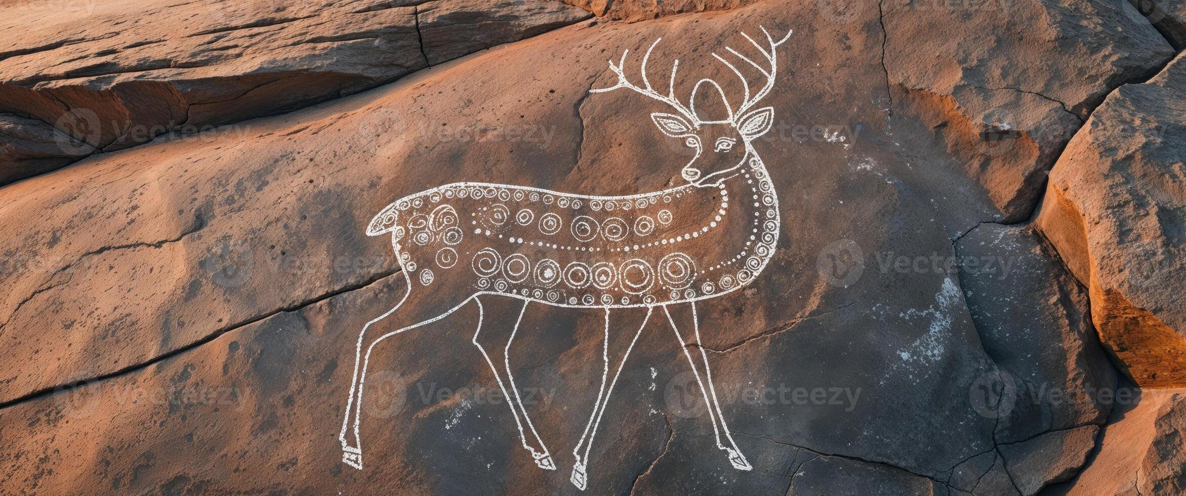 Ancient rock art depicting a deer adorned with circular designs on a rocky surface photo