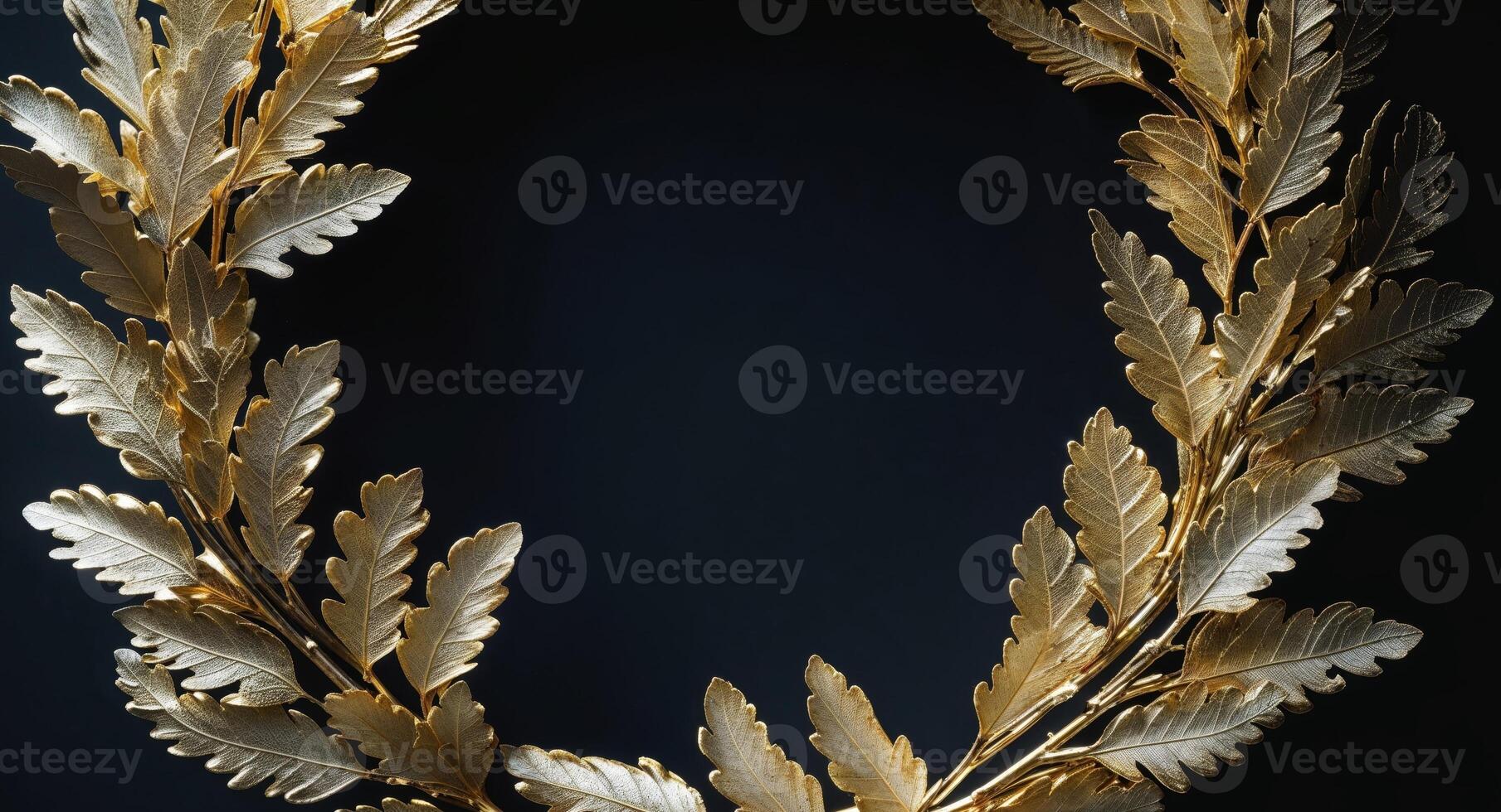 Golden laurel wreath on black background with intricate leaf design. photo