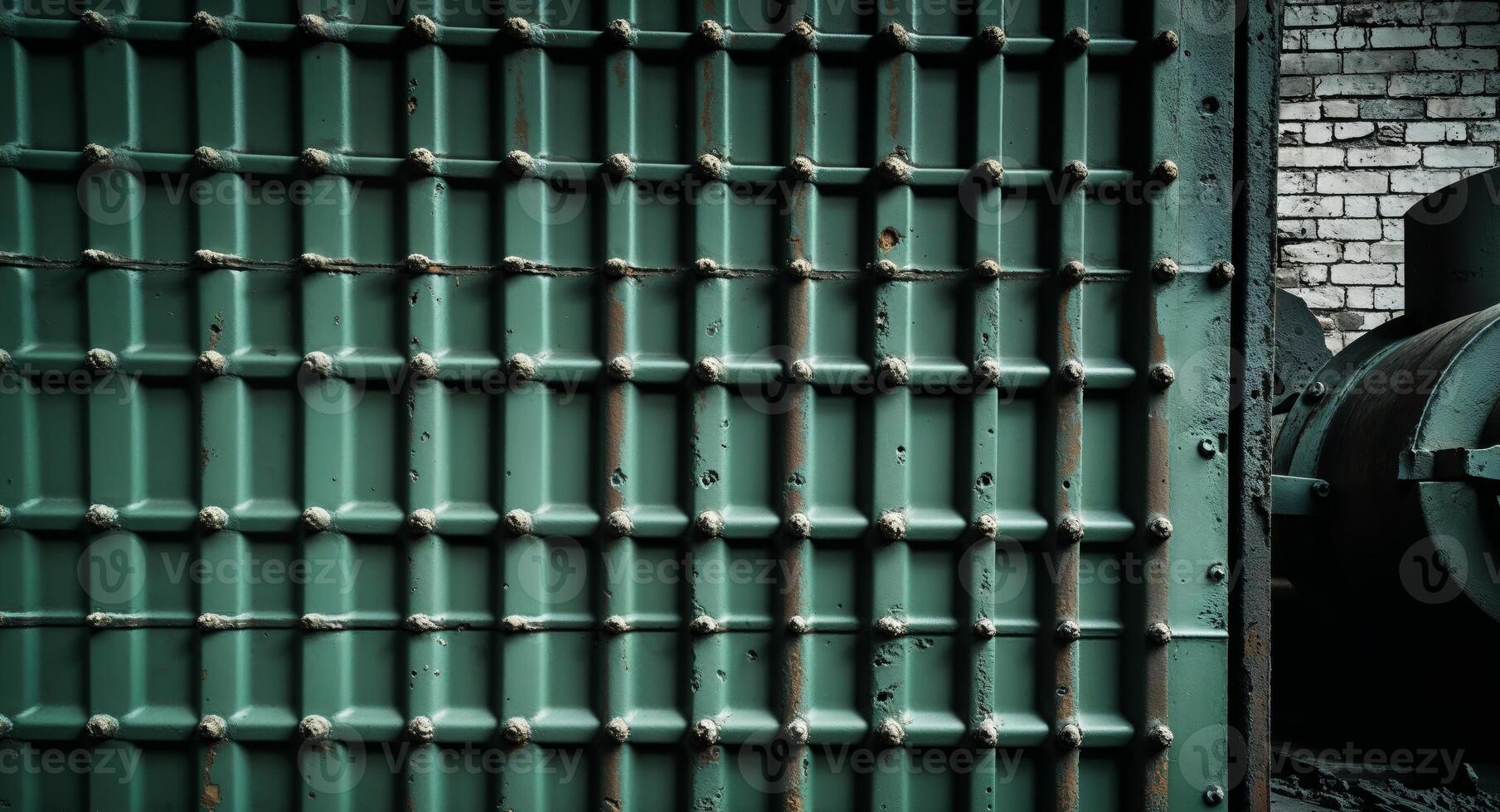 Green Metal Texture with Rivets in Striped Design and Blank Space for Text Overlay in Industrial Background photo