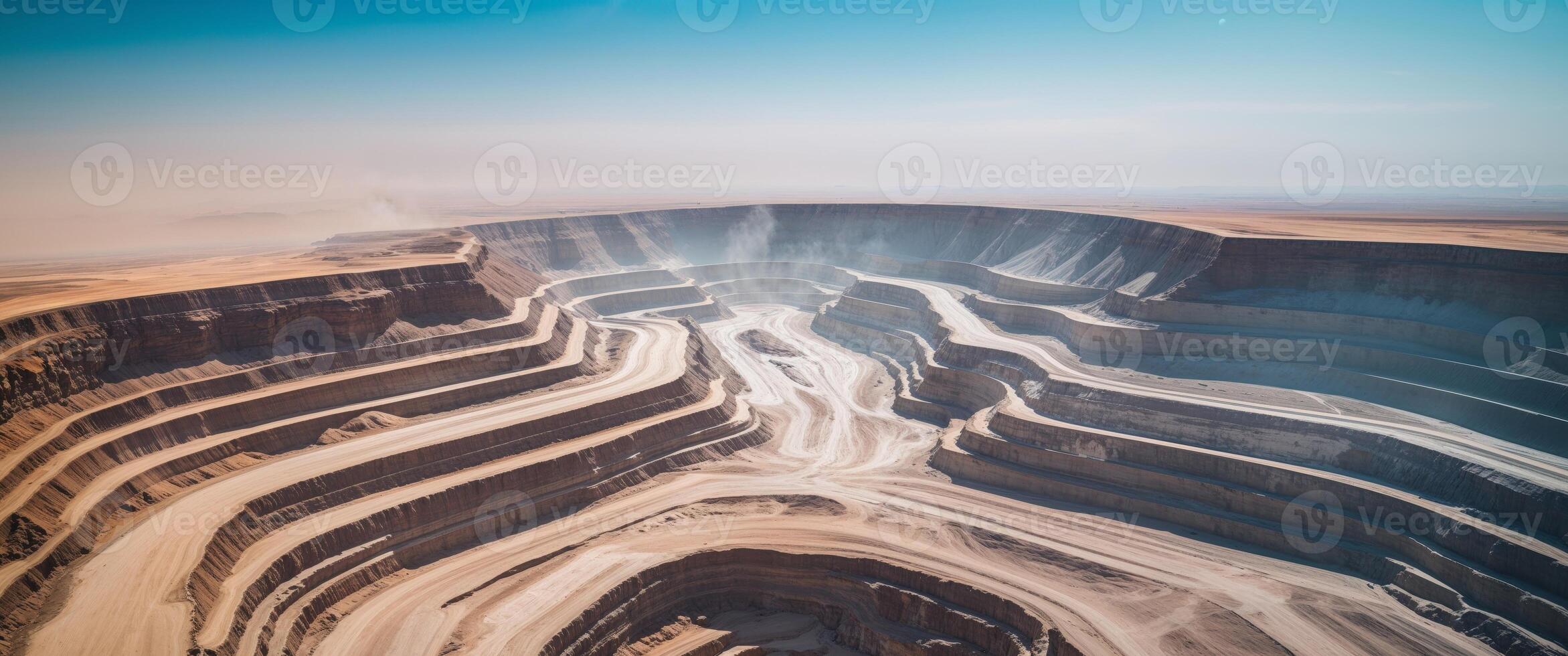Aerial view of massive open pit mine with terraced excavation and dust. photo