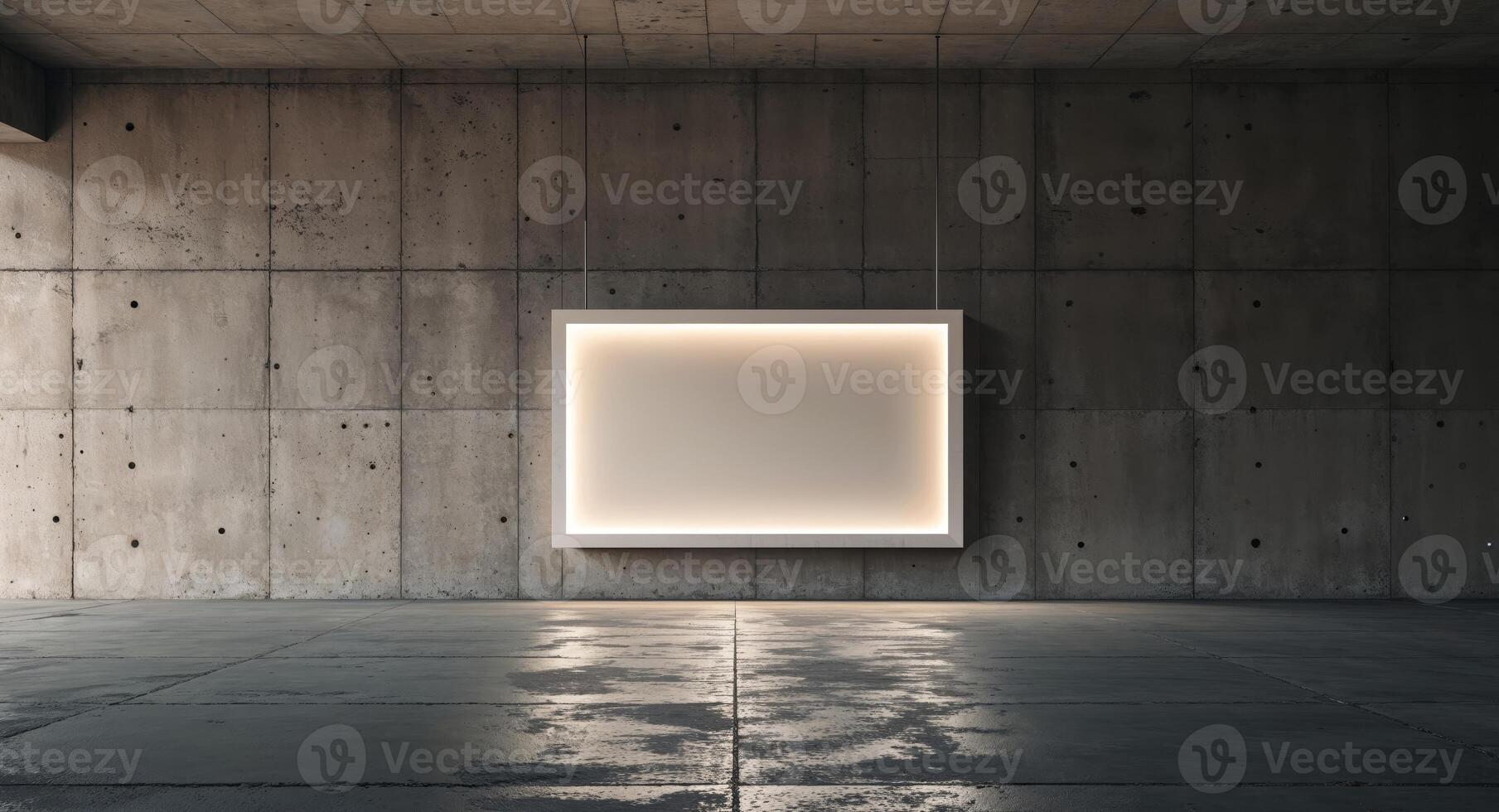 Modern Empty Concrete Room with Illuminated Rectangular Frame on Textured Wall and Rough Industrial Floor photo
