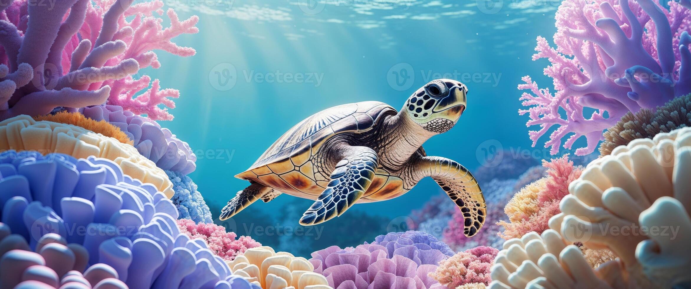 Colorful coral reef with sea turtle gliding over coral formations. photo