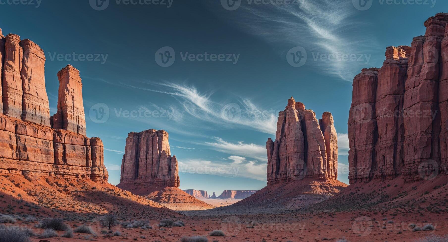 rocky desert landscape with towering sandstone formations dramatic light and shadow play vast sky copy space. photo