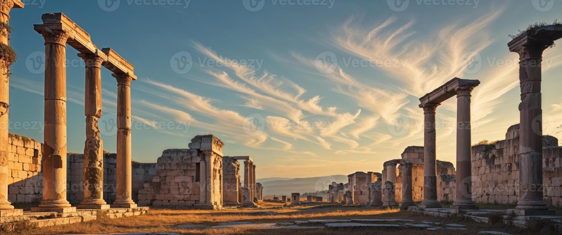 Ancient ruins bathed in warm sunlight at sunset in historical site. photo