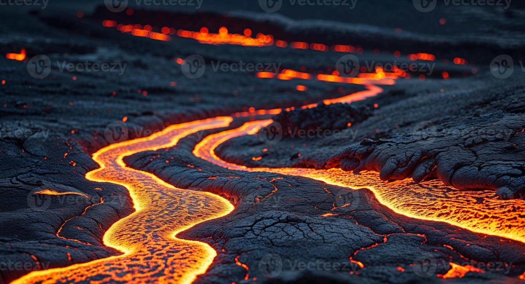 Fiery molten lava flow on dark ground creates a path photo
