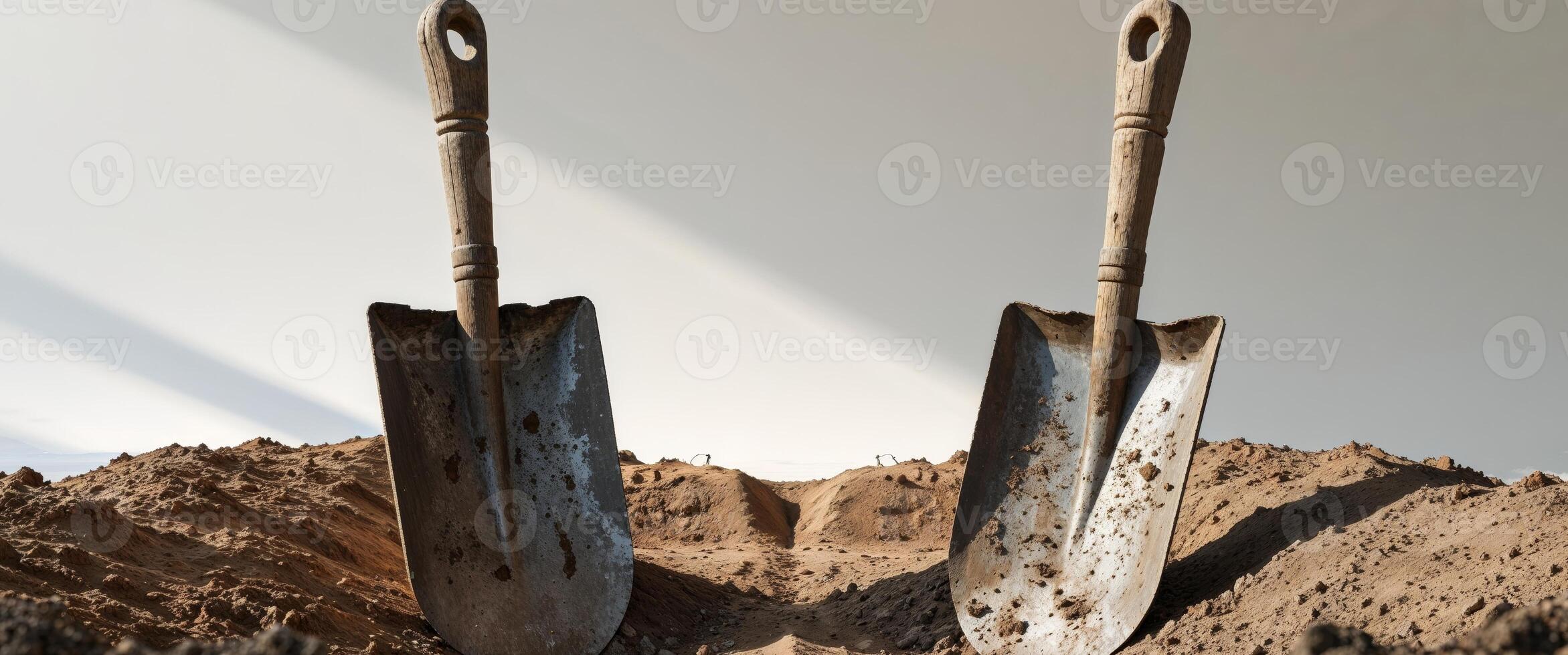 there are two shovels that are sitting in the dirt. photo