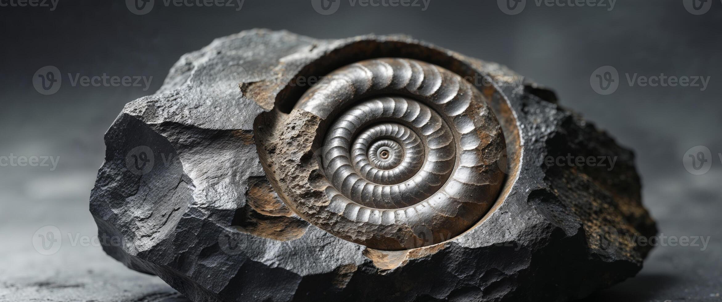 Fossilized ammonite imbedded in rough dark textured stone surface photo