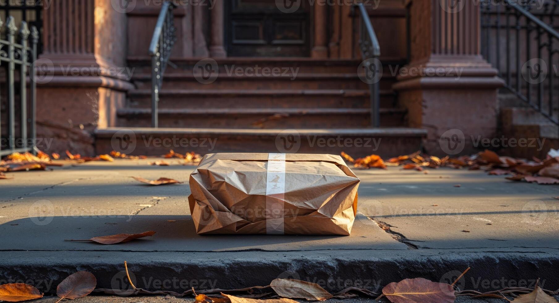 A brown paper bag sitting on the steps of a building photo