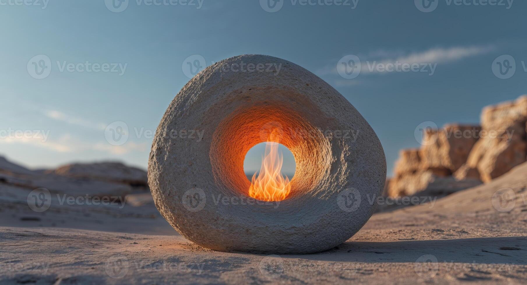 A stone fire pit in the desert with a fire inside photo