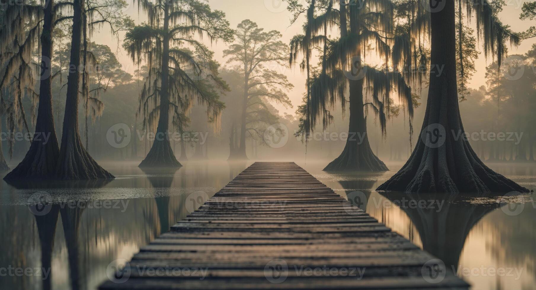 Empty Wooden Pier Overlooking a Serene Swamp with Cypress Trees in Soft Focus. photo