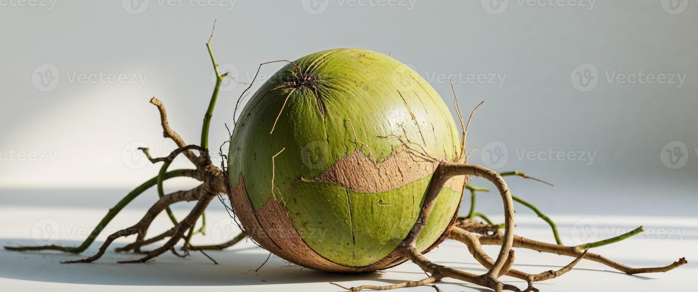 Fresh green coconut with rough texture and roots. photo