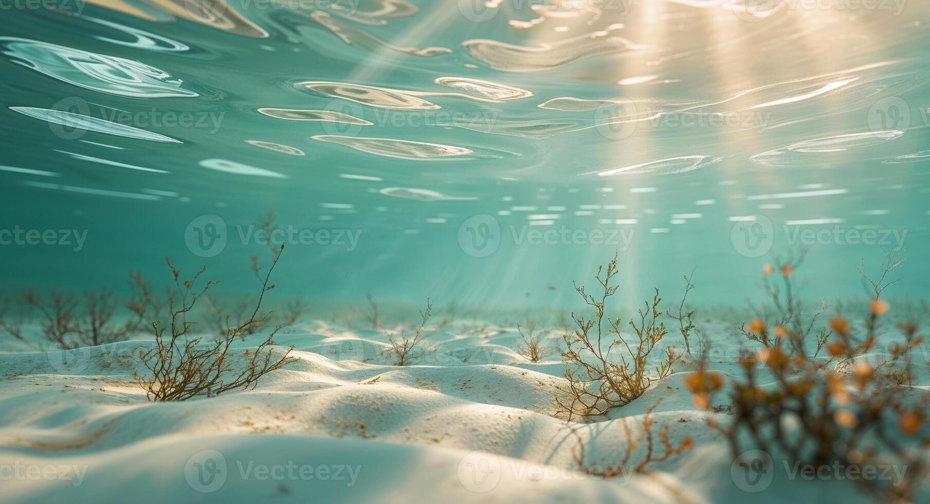 Underwater Scene with Sunlight Rays Illuminating Ocean Floor photo