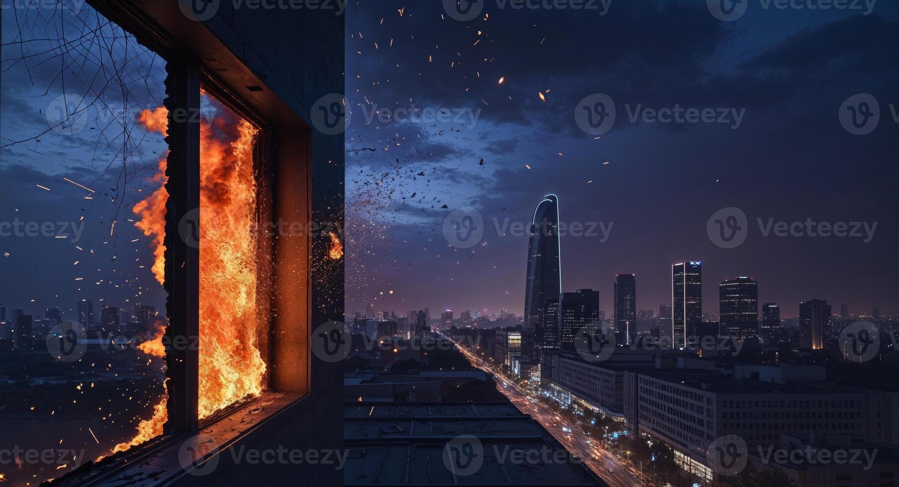 Fire engulfs building as flames burst from shattered window during nighttime blaze in urban area. photo