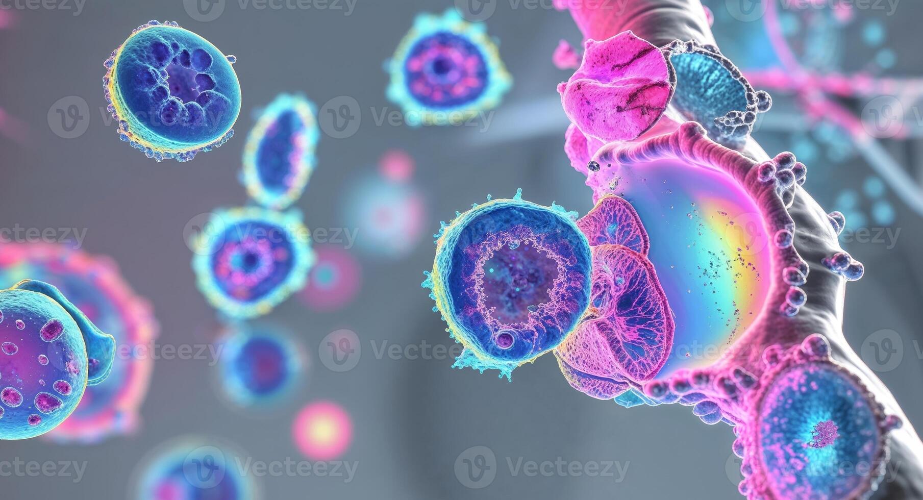 Microscopic view of colorful cells showcasing their unique shapes and structures in a scientific setting photo