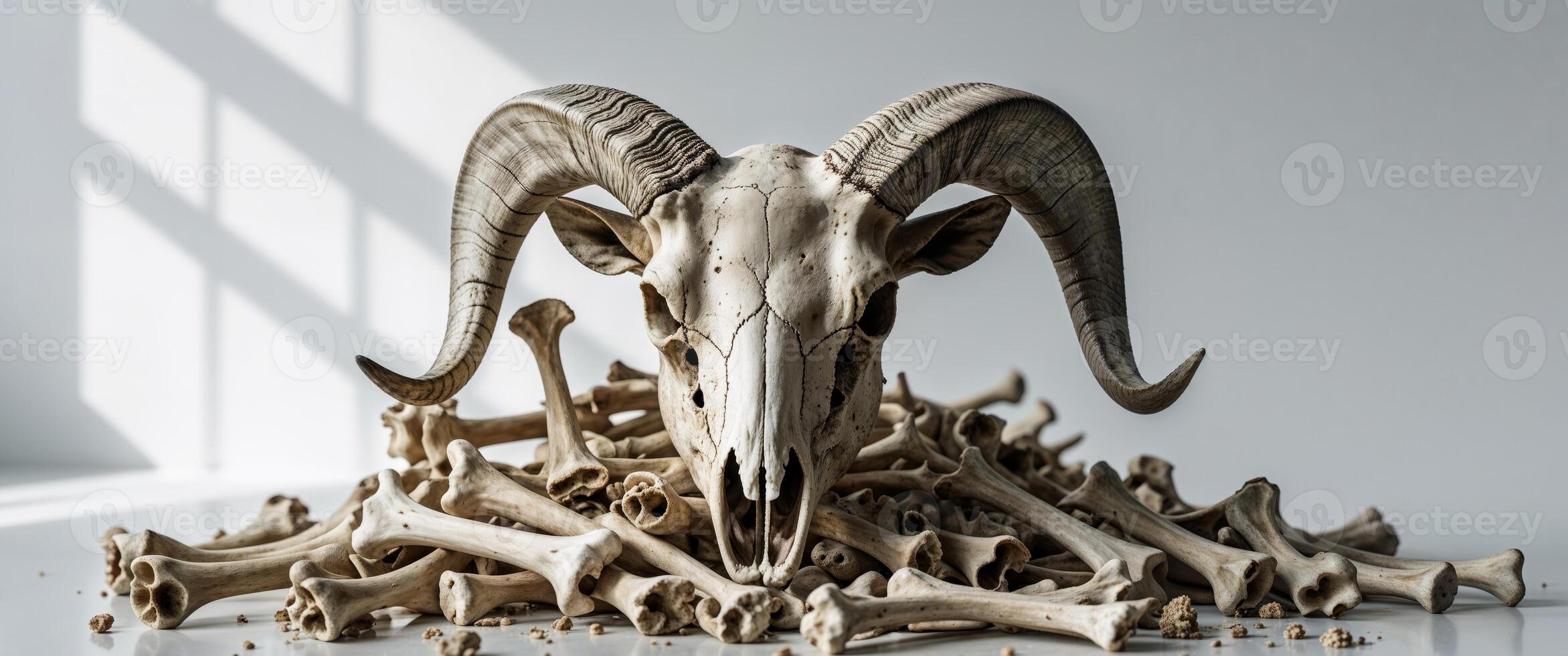Ram Skull Among Bones Creates Eerie and Mysterious Archaeological Still Life. photo