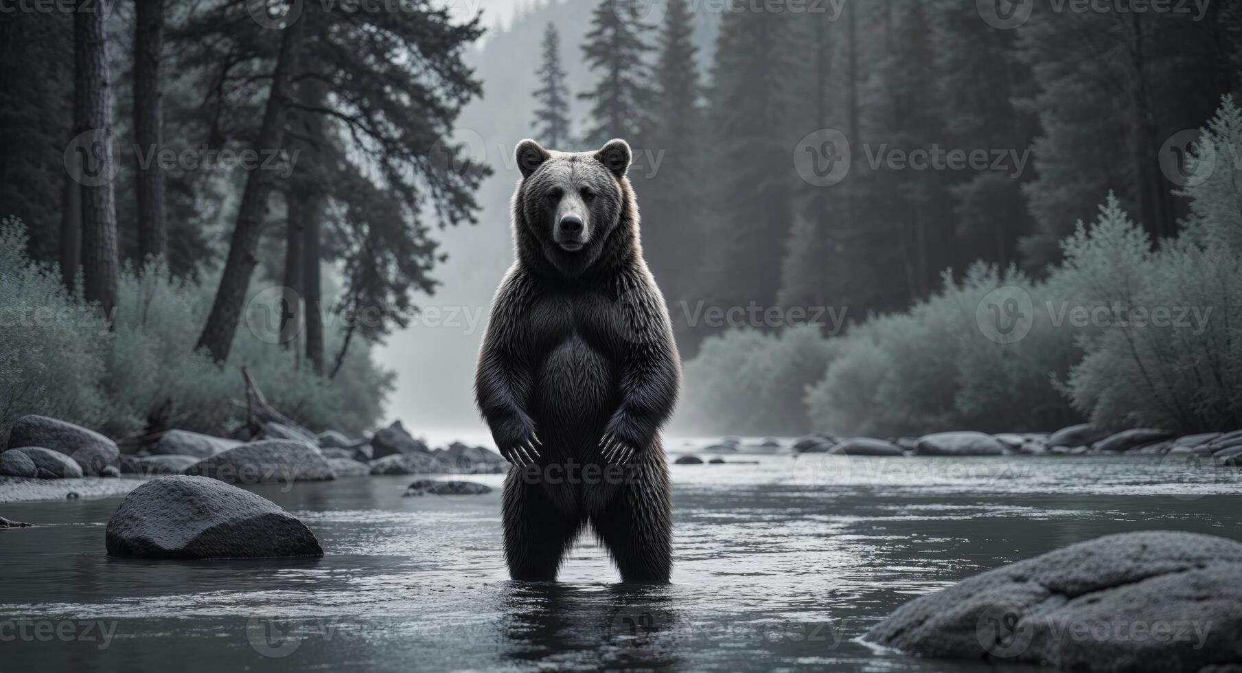 Majestic Grizzly Bear Standing in Shallow River Surrounded by Serene Wilderness in the Heart of Nature with Rocks and Lush Greenery in the Background photo