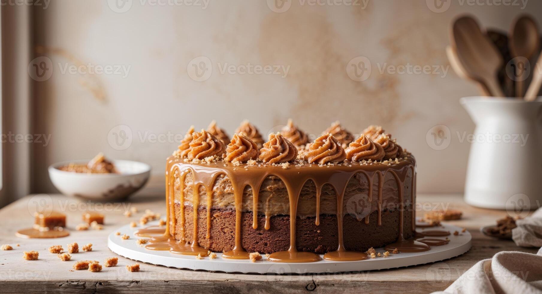 Indulge in a decadent caramel toffee cake with salted caramel drizzle and toffee bits at your home kitchen. photo