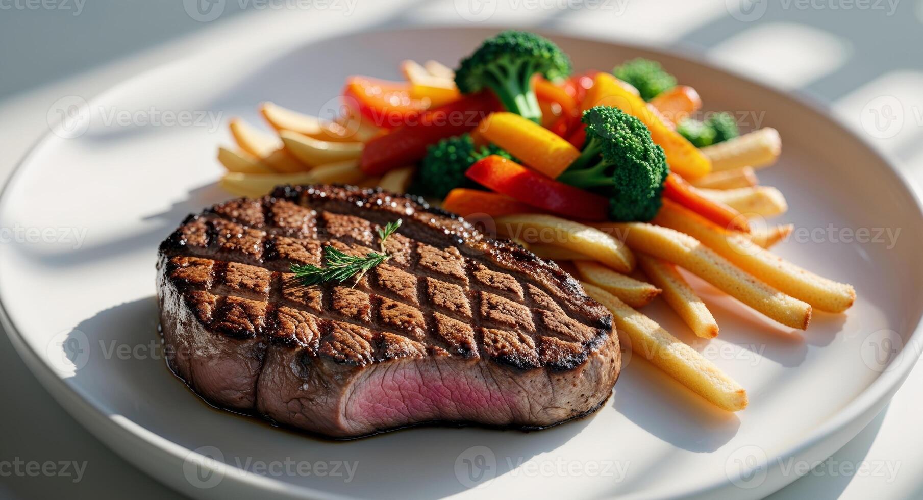 A steak and french fries on a white plate photo