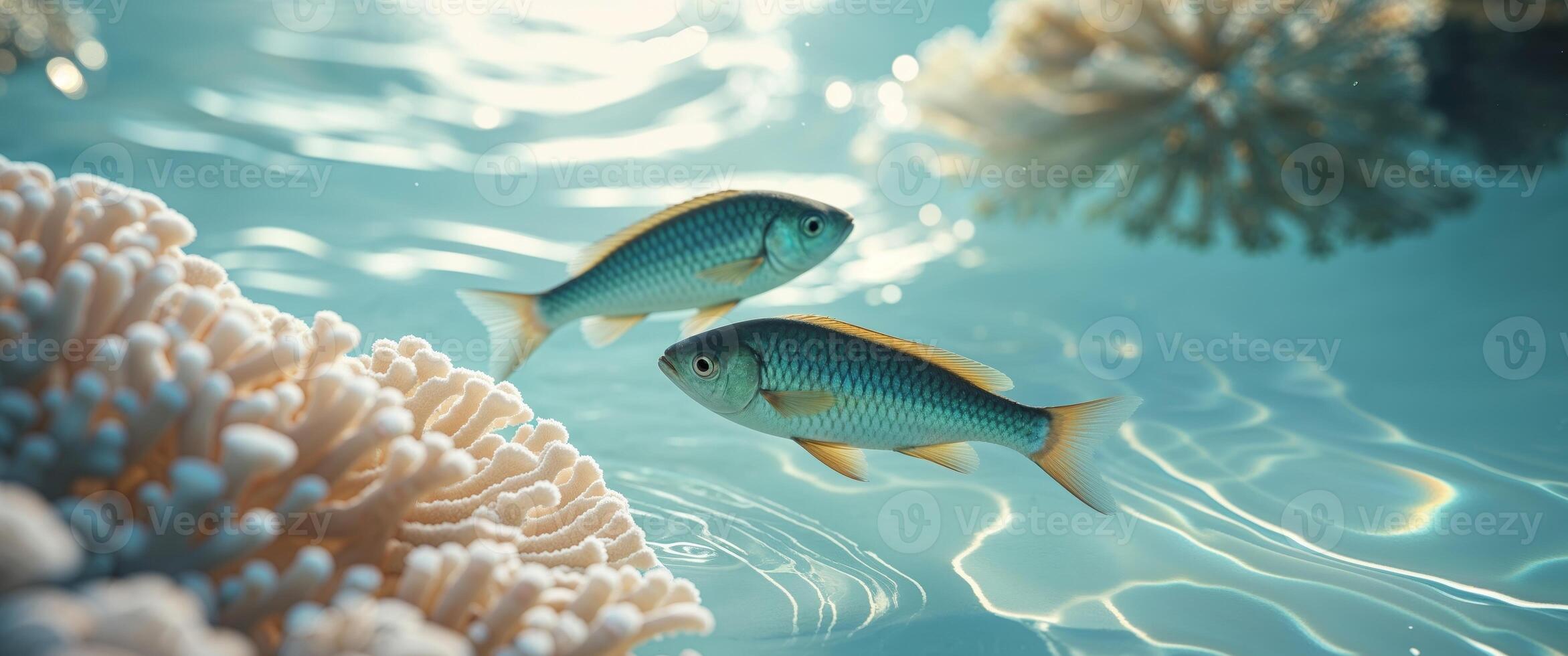 Two fish swimming in the water near coral photo