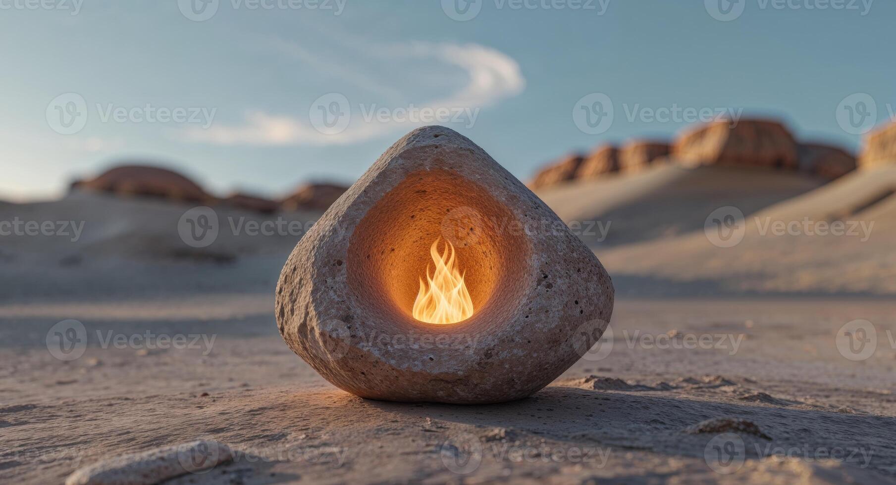 A stone fire pit in the desert with a flame photo