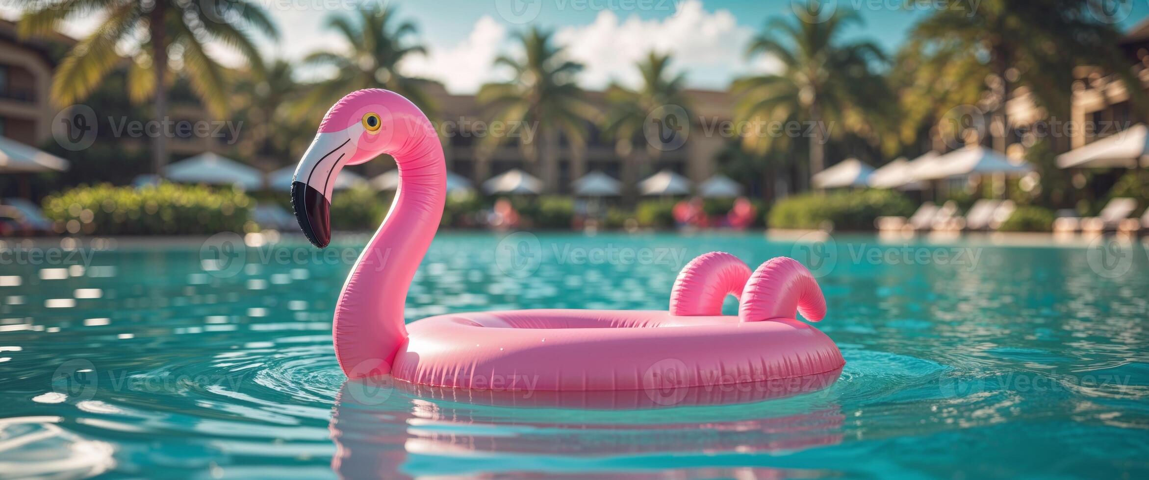 Flamingo floating in a pool with palm trees photo