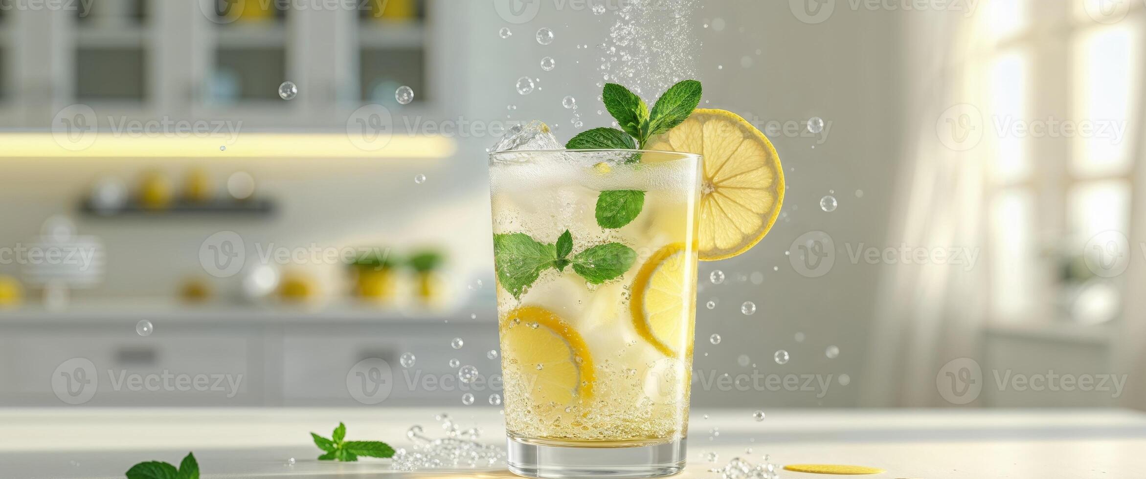 Refreshing lemon drink with bubbles and ice on a warm sunny day in a bright kitchen setting photo