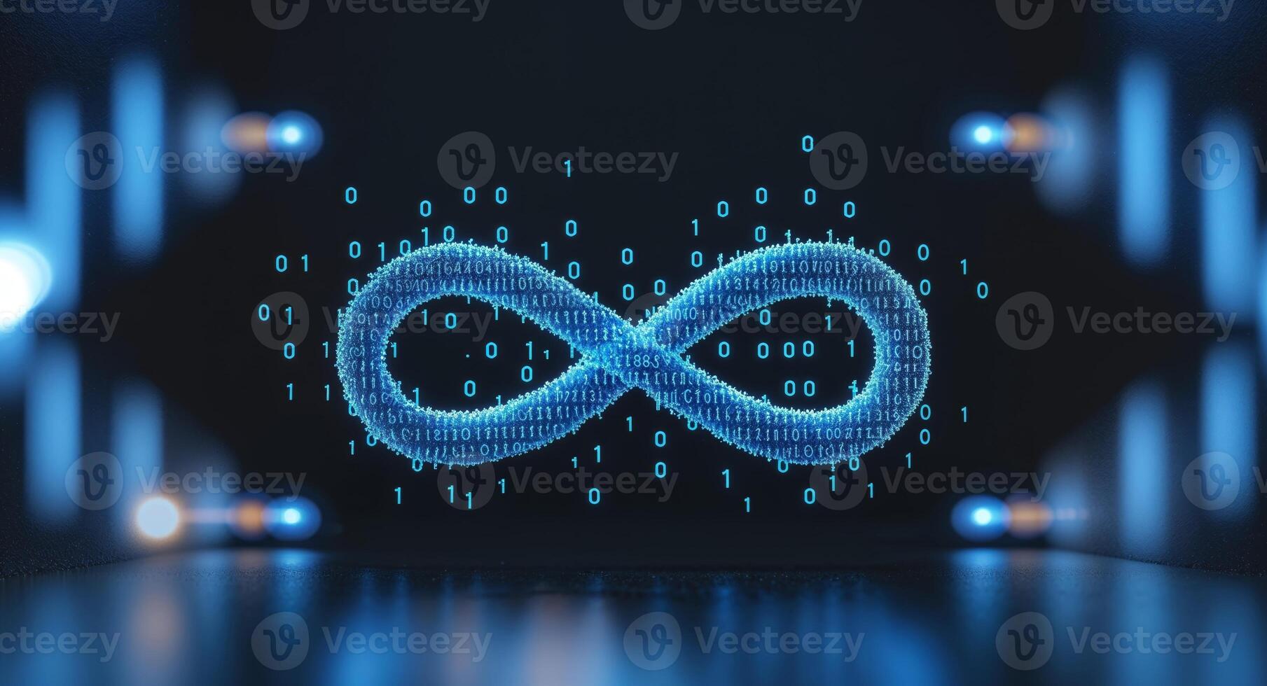 Blue infinity symbol made of glowing binary code particles photo