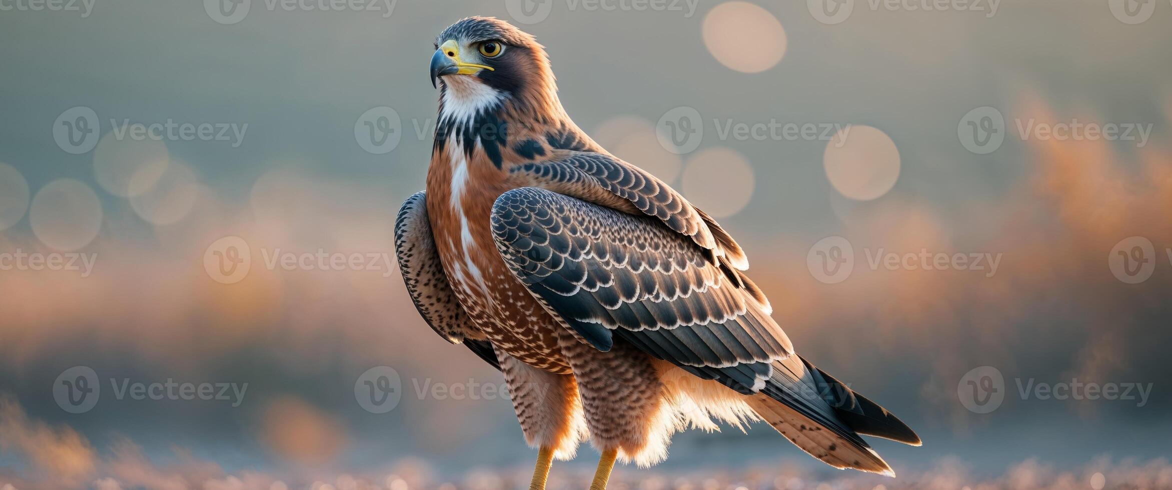 Majestic Bird of Prey Standing Proudly on Ground in Natural Habitat. photo