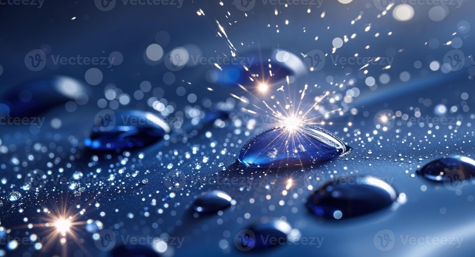 Intricate liquid sapphire surface with shimmering droplets and light bursts. photo