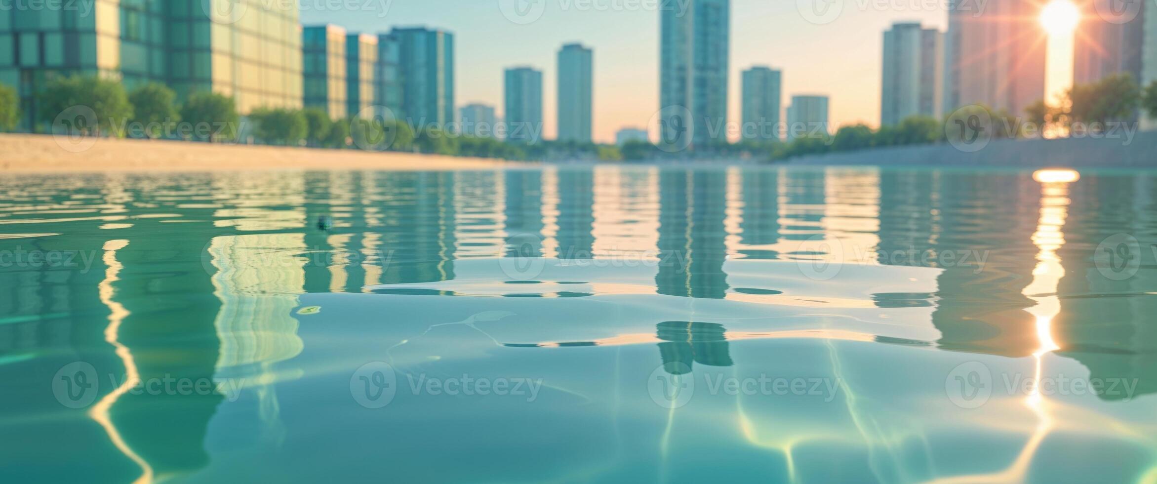 Clean water surface reflecting sunlight with buildings in the background. photo