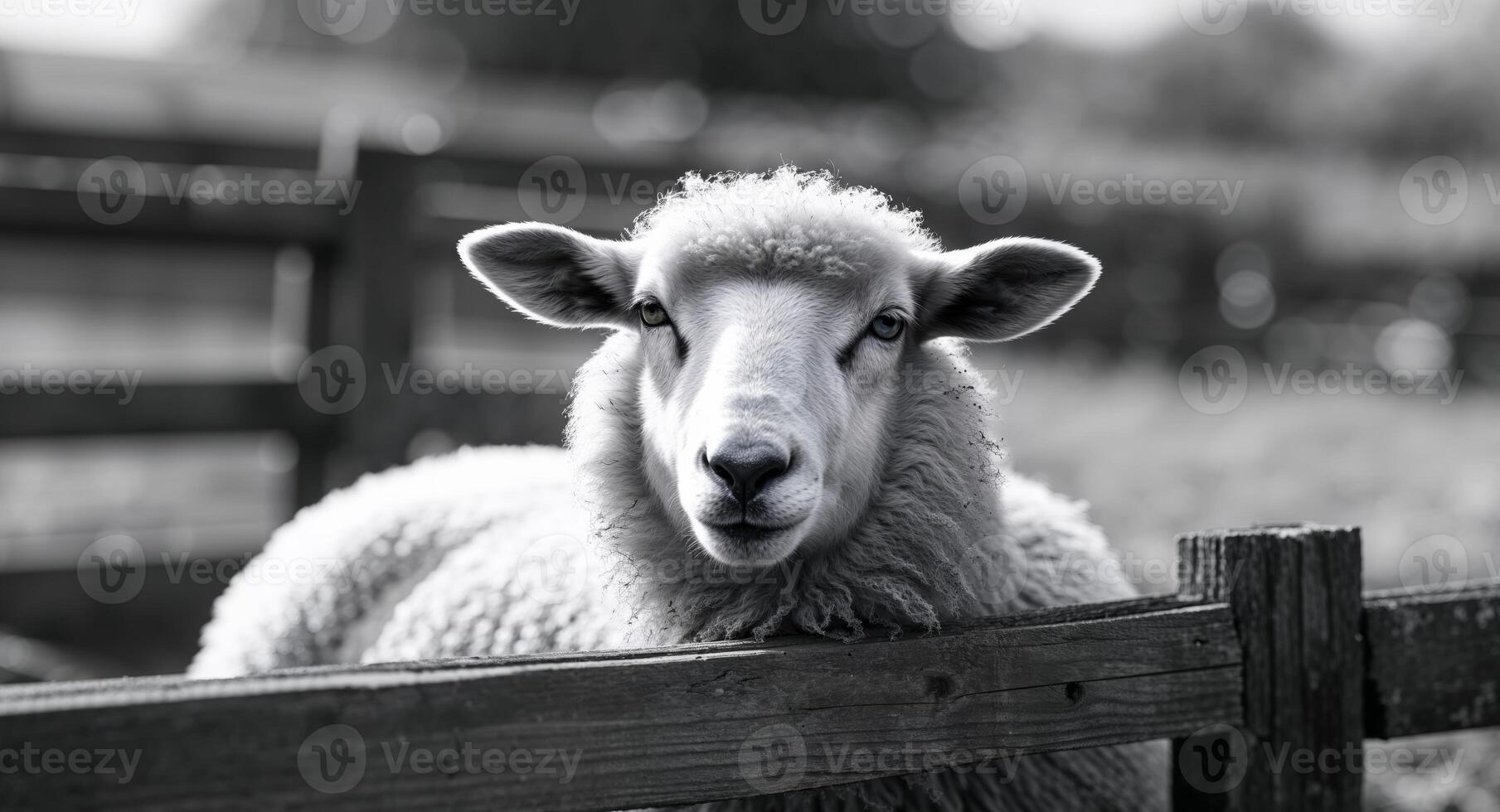 Sheep resting inside a pen at a farm during the day while looking curiously at the observer. photo