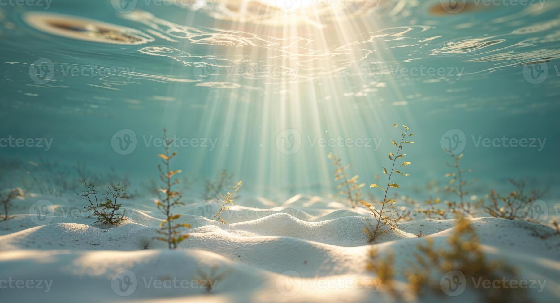 Underwater Scene with Sunlight Rays Illuminating Ocean Floor. photo