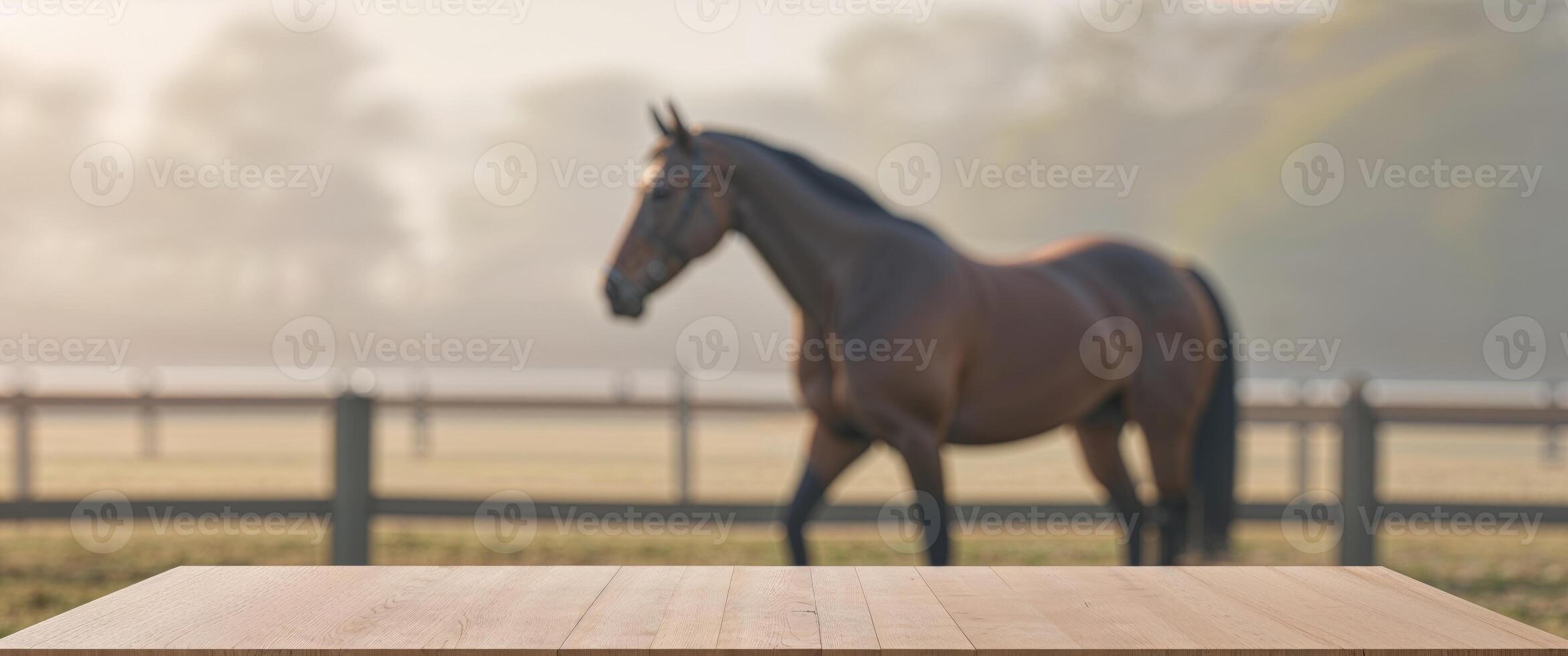 Empty Wooden Table with Blurred Horse in Paddock Background for Product Display photo