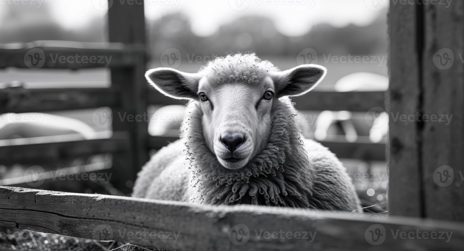 Sheep resting inside a pen at a farm during the day while looking curiously at the observer photo
