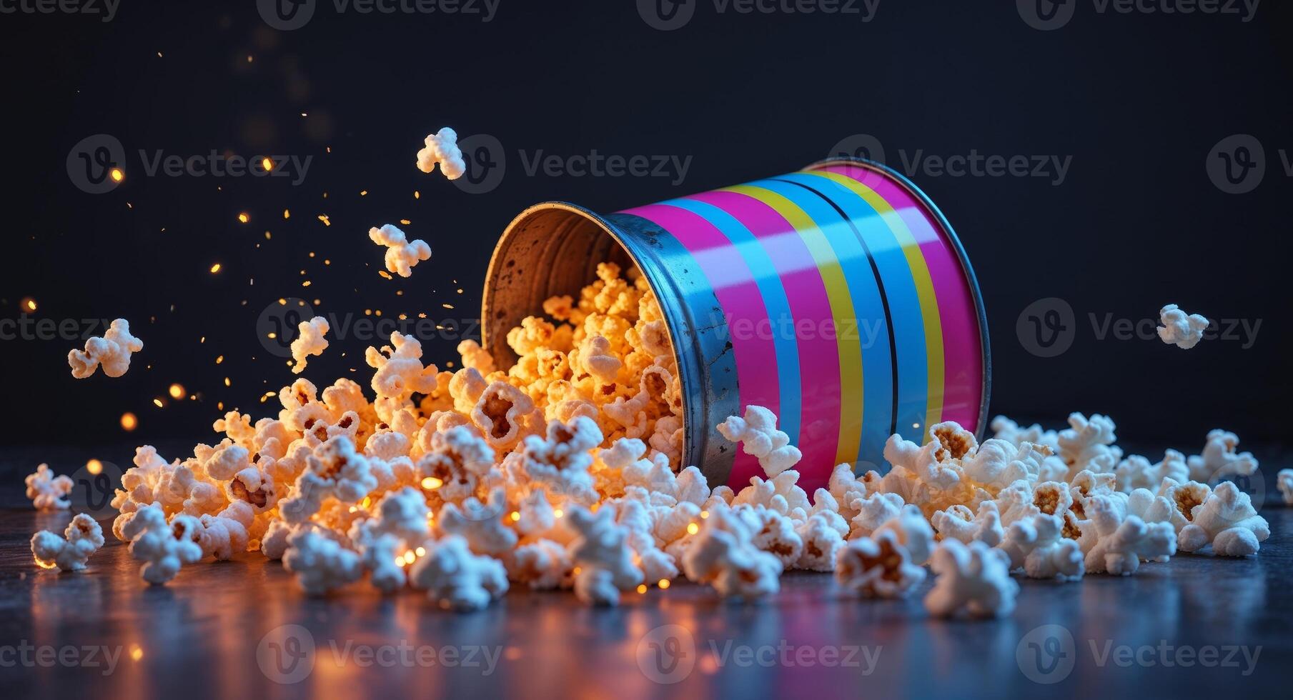 Glowing Popcorn Avalanche Spilling from Neon Striped Bucket Junk Food Concept. photo