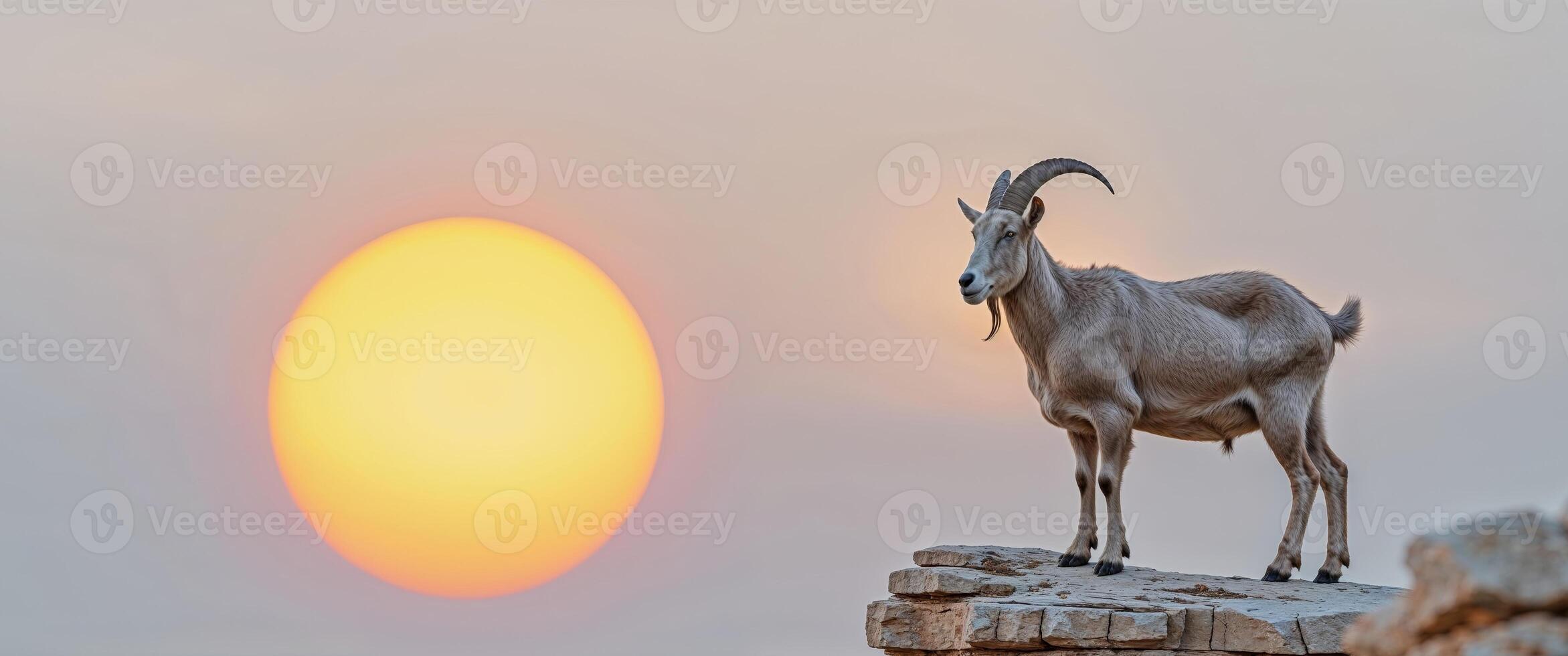there is a goat standing on a rock with the sun in the background. photo