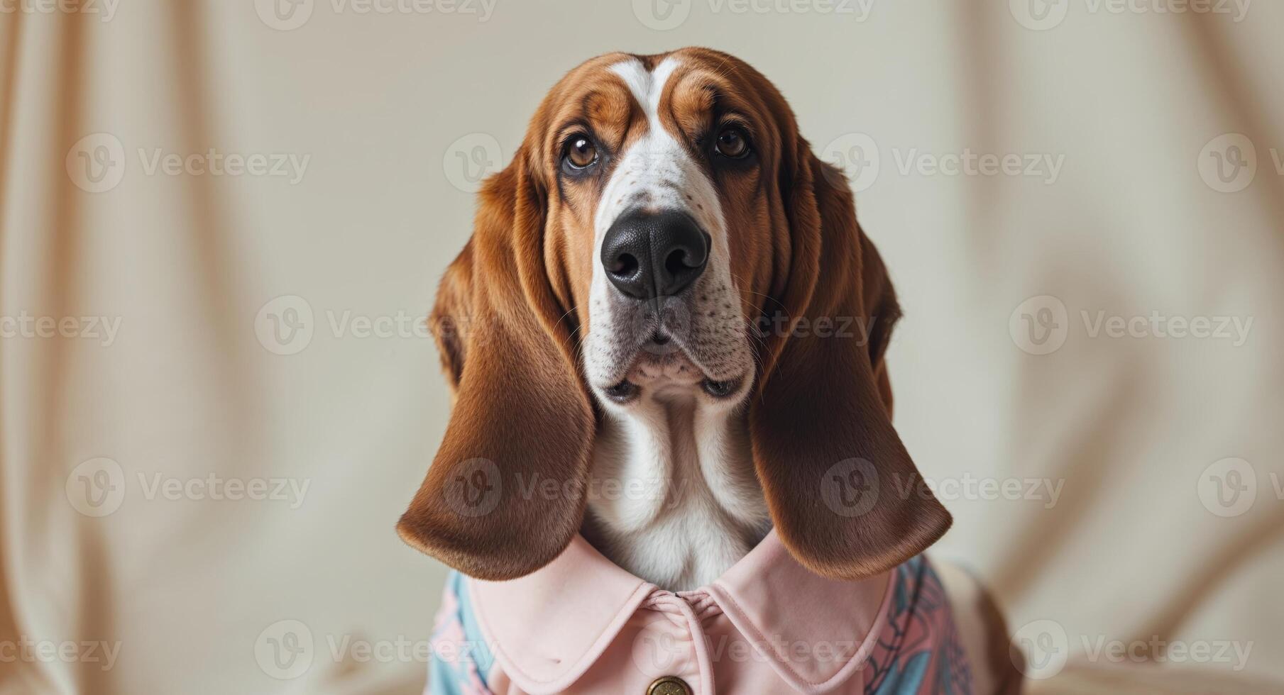 Happy Basset Hound in Stylish Outfit with Soft Features and Gentle Lighting photo