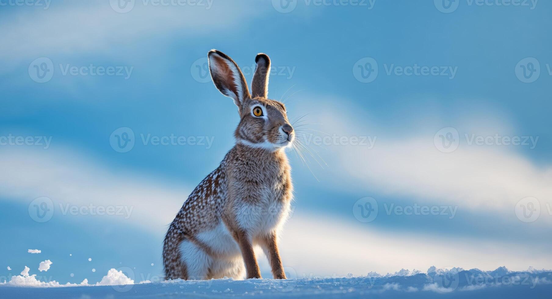 Snowshoe hare sits on snowy hill with blue sky in background. photo