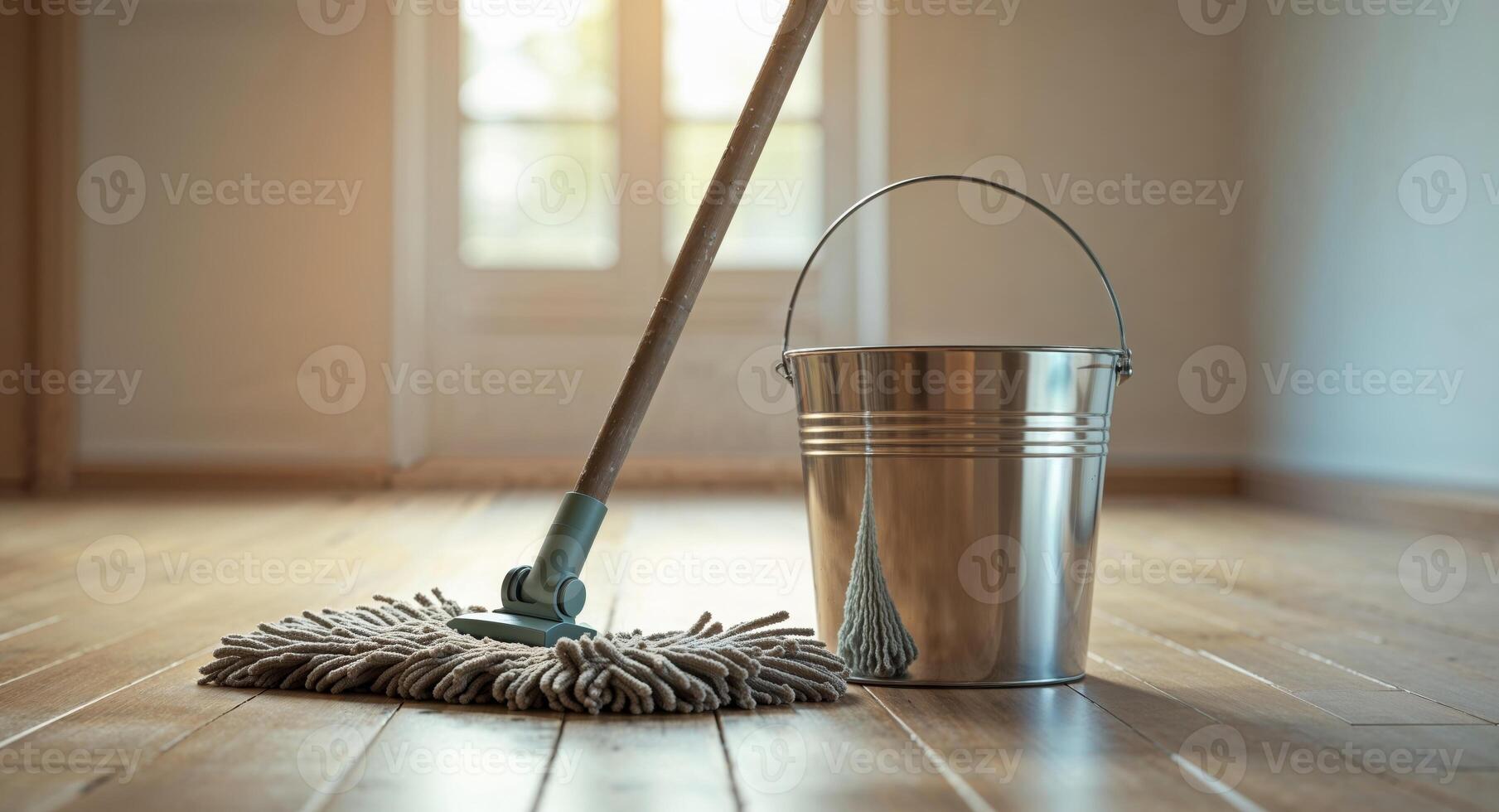 Mop and bucket in a clean mood on a wooden floor inside a bright room. photo