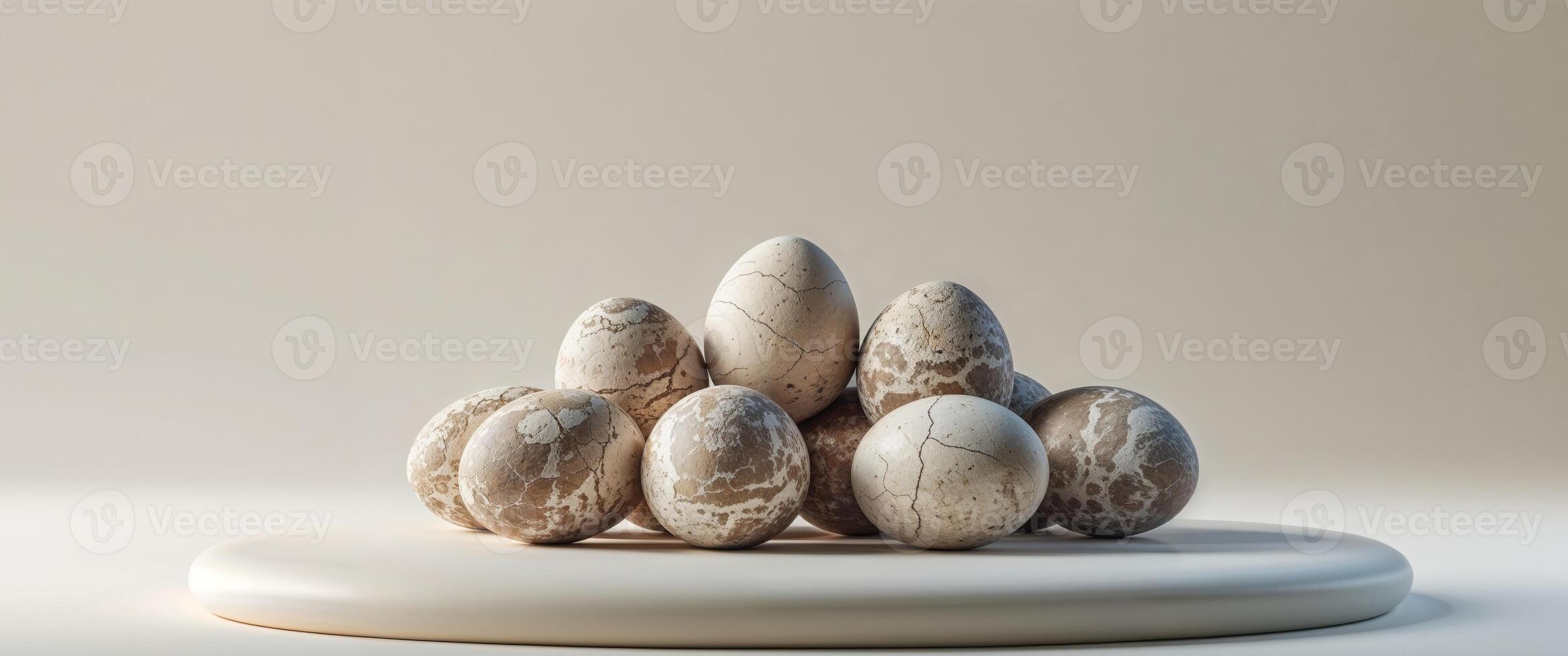 Cluster of Fossilized Dinosaur Eggs Arranged on a Smooth Surface Showcasing Intricate Textures in Neutral Lighting. photo