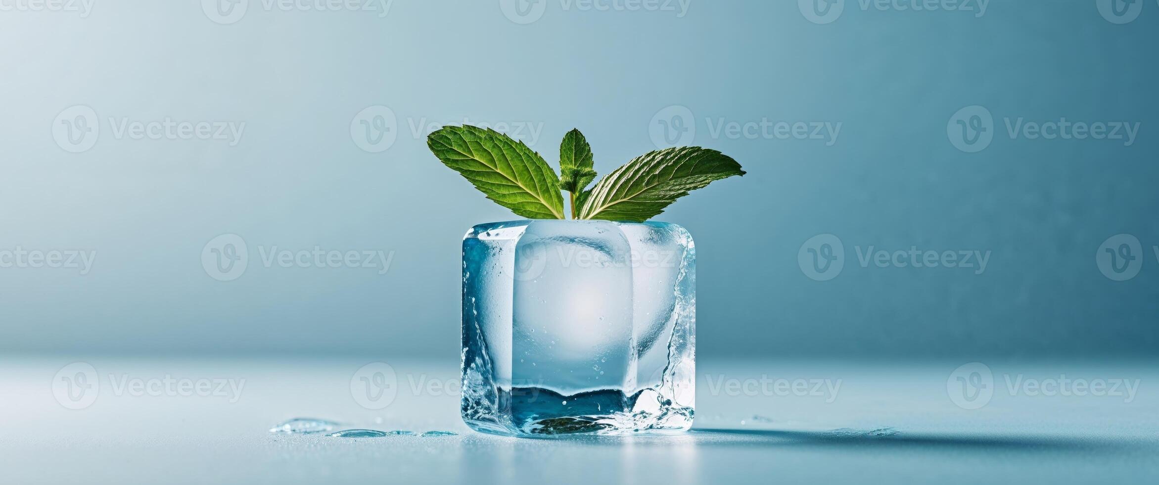 Refreshing Ice Cube with Mint on Cool Blue. photo