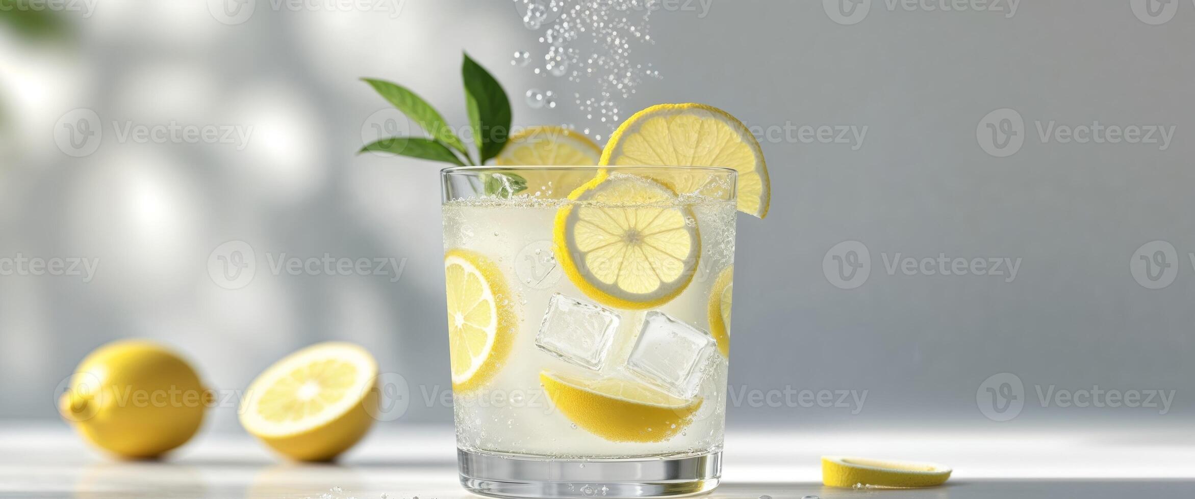 Fresh Lemonade Splash in Glass with Ice Cubes and Lemon Slices Creating Refreshing Summer Beverage Experience photo