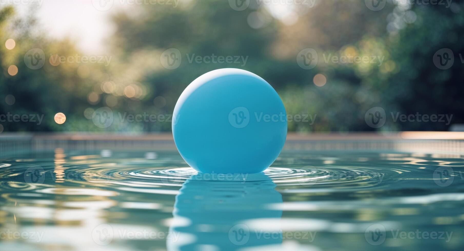 Blue inflatable ball floating in calm swimming pool water during sunny day with reflections on surface and blurred background of garden. photo