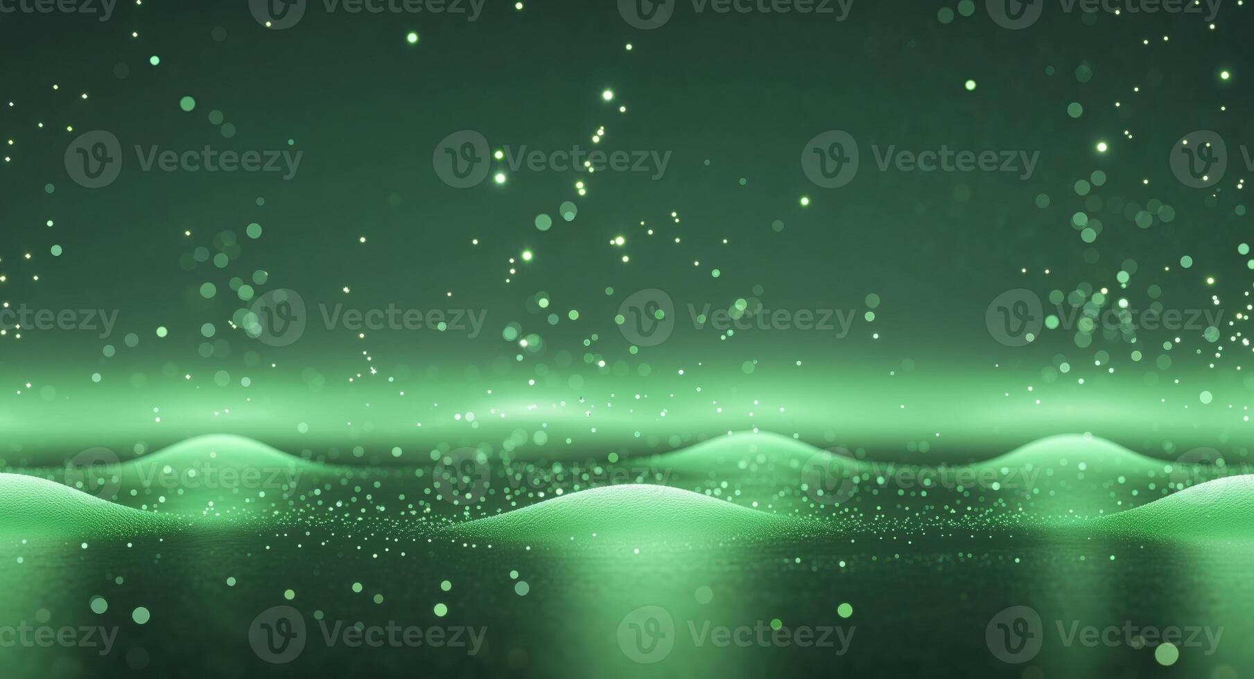 Soft green glow with scattered light particles on a reflective surface photo