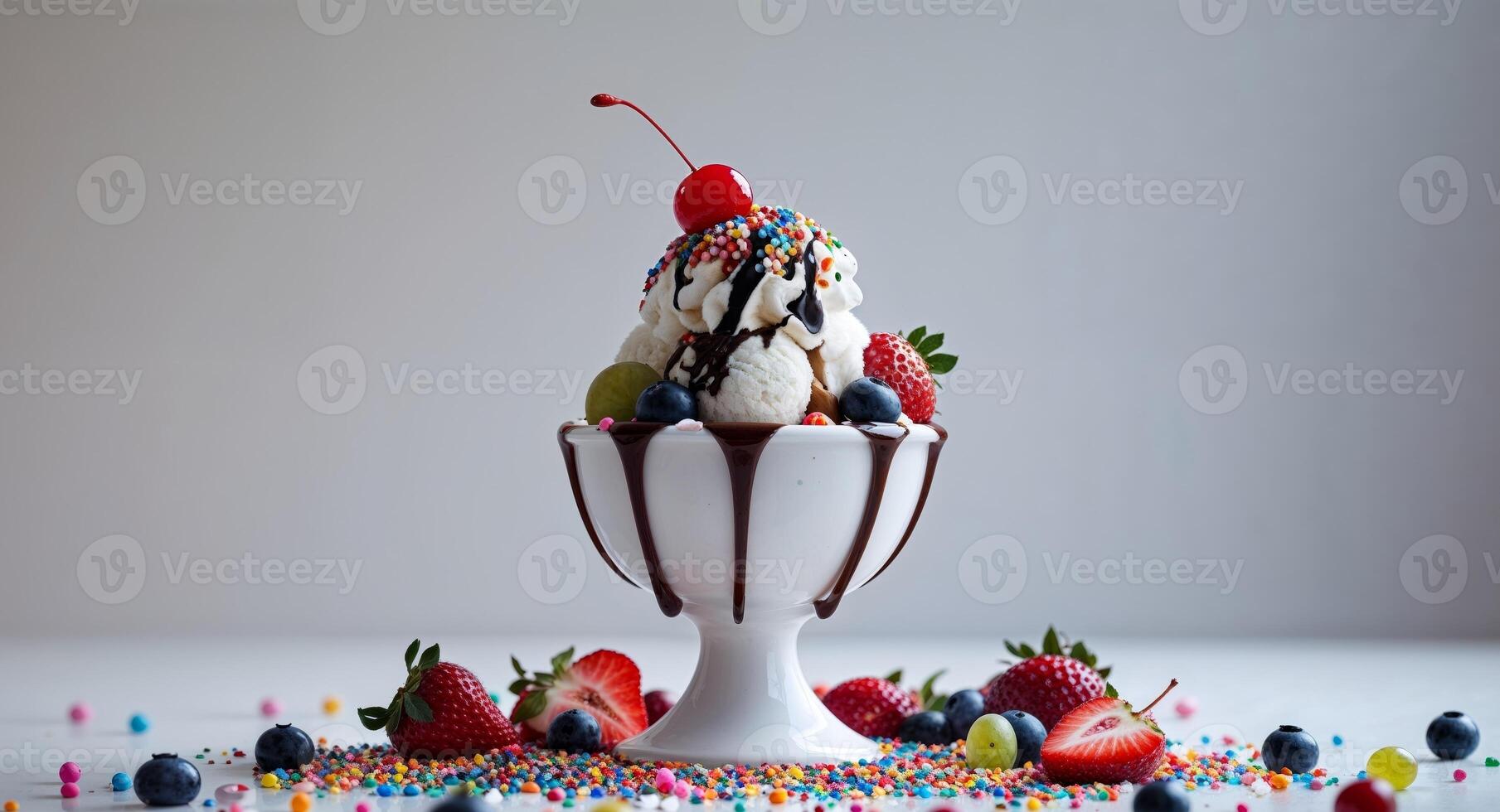 Delicious ice cream sundae topped with colorful sprinkles and fruits photo