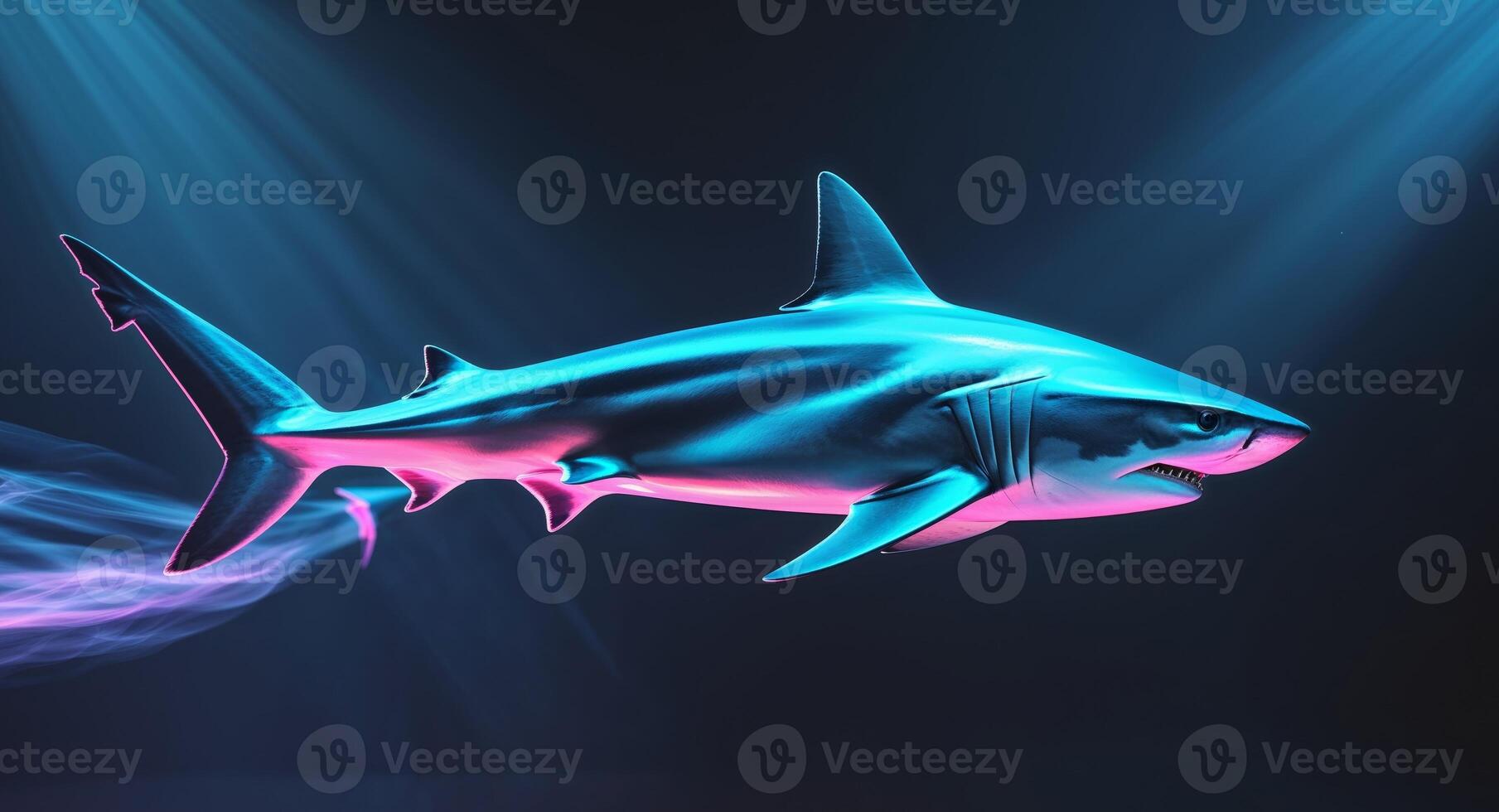 Glowing Neon Shark Swimming in Mystical Black Void with Radiating Blue and White Light photo