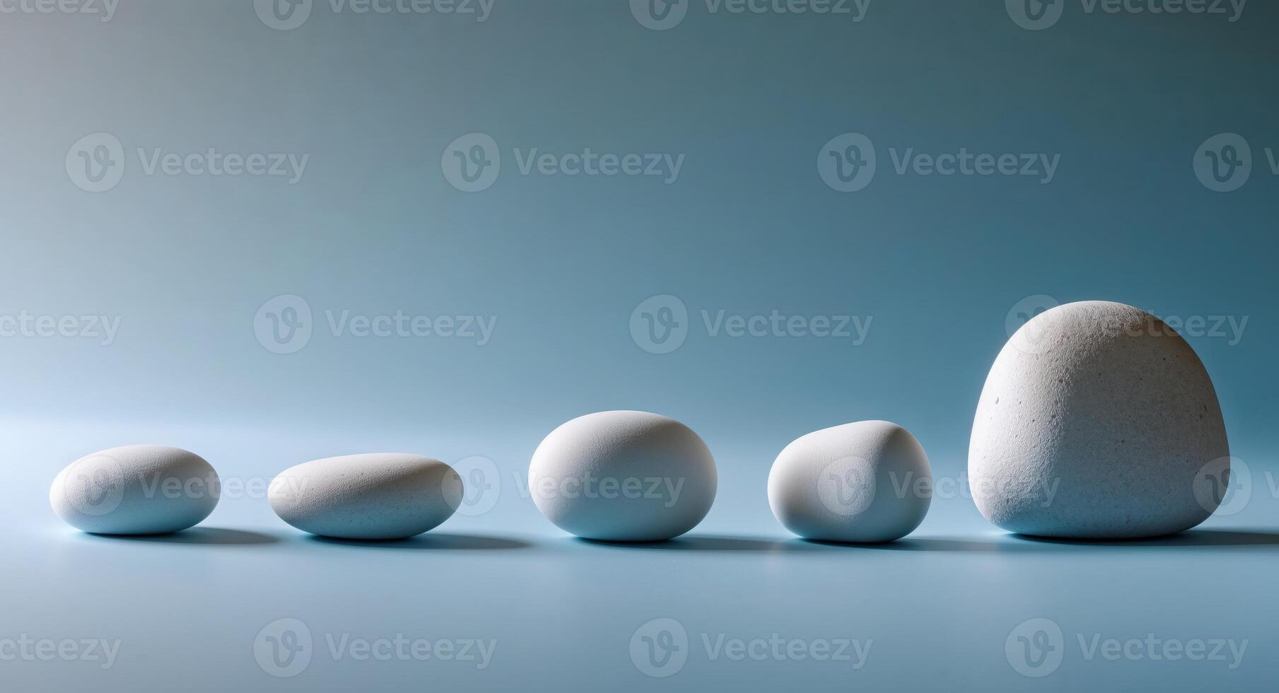 Several smooth white stones are arranged on a blue surface photo